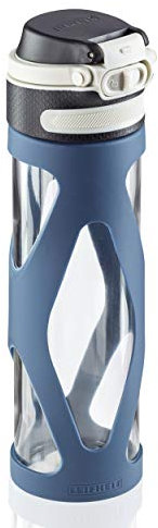Leifheit Flip Glass Bottle 600 ml, 100% Leak-Proof Sports Bottle, Convenient One Hand Opening, Drinking Bottle with Filter for Fruit Infuser, Sustainable Water Bottle, BPA-, Shockproof, Navy