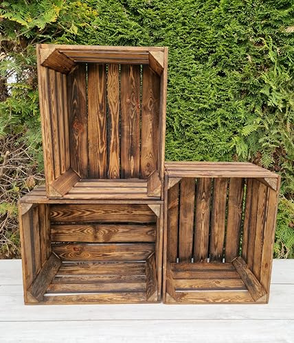 PYXIDAS Wooden Crates Dark color Burn Effect Vintage - set of 3 Fruit Boxes, dimensions 50x40x30 cm - medium size, can be used as storage or decorative, durable and clean, solid storage crate