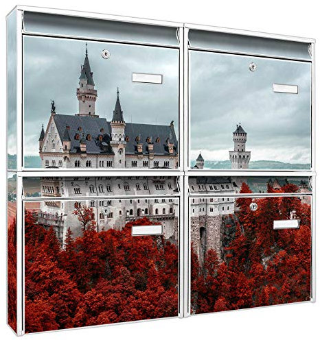 banjado Briefkastenanlage 4 Fach - Postkästen groß - verzinkter Stahl weiß DIN A4 Motiv Neuschwanstein - Briefkasten Set 4 Briefkästen Namensschild, 2 Schlüssel, Montagematerial