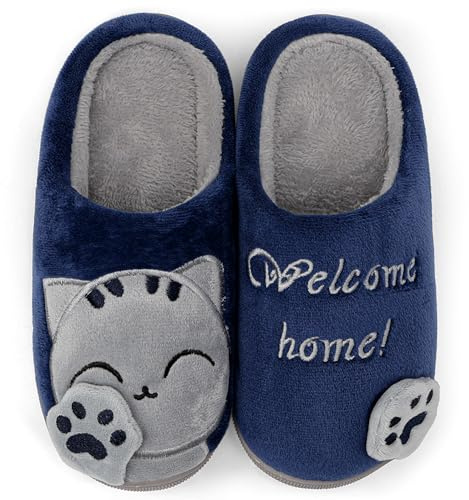 ChayChax Mignon Dessin Animé Chaussons Maison Mixte Enfant Hommes Femmes Hiver Peluche Douce Pantoufle d'intérieur Confort Chaud Coton Chaussures pour la Maison,Bleu,35/36 EU = Fabricant 36/37