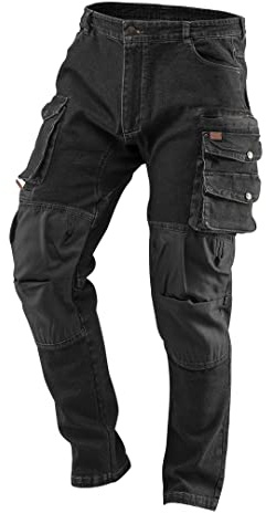 NEO TOOLS Denim arbetsbyxor, svart, storlekar XS-3XL; bomull + elastan; förstärkt knäområde; multifunktionsfickor; verktygsförvaring; ventilation; CE, svart, XL