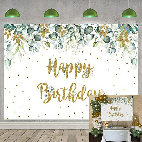 7X5FT Greenery Toile de Fond Happy Birthday Feuilles d'eucalyptus dorées et Vertes Décorations de fête Feuilles Vertes Nouveau-né Fête prénatale Fond Photo Cabine