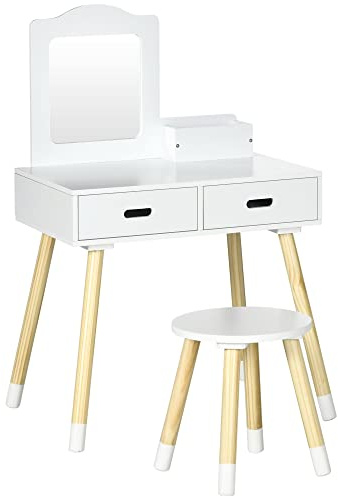 ZONEKIZ Coiffeuse Enfant Table de Maquillage avec Tabouret Miroir et 2 tiroirs 3 à 6 Ans - 60 x 40 x 95 cm - Blanc et Bois