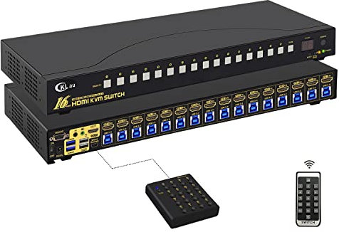 CKLau 16 Port Rack Mount USB 3.0 KVM Switch HDMI 4K60Hz with Audio, Cables, and 2 pcs USB 3.0 Hub for 16 Computers Sharing Single Monitor Supports Hotkey Switching
