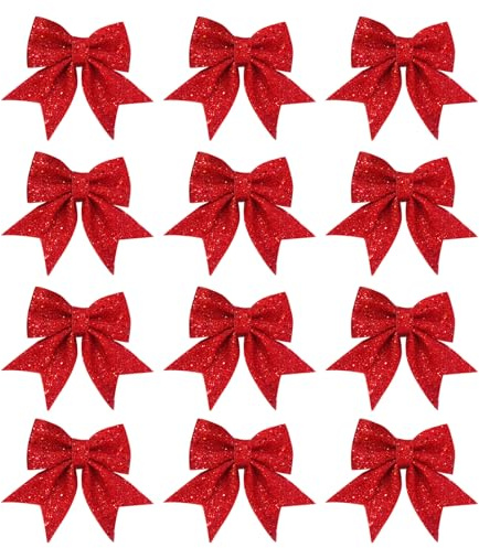 12Pcs rote Weihnachtsschleifen für Baumdekorationen, 14 cm große Weihnachtskränze, für Dekorationen, Pailletten-Fliegen, Weihnachtsdekorationsschleifen für Zuhause, Weihnachtsbaum-Party-Geschenk