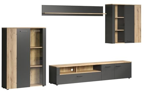 Home4You Wohnwand - 4-teilig - Anthrazit - Coast Evoke Eiche Dekor - ohne Beleuchtung