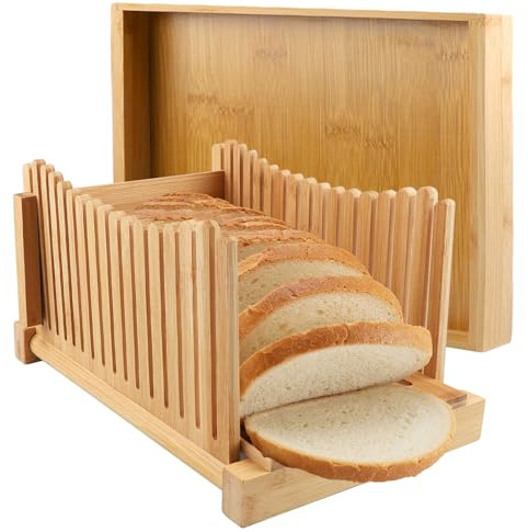 Bambu brödskärare med 3 justerbara tjocklekar, vikbar kompakt skärguide med smulbricka, lätt att skära hemmagjord bröd, bagels, kakor