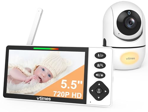 VTimes Babyphone mit Kamera und Audio, 5,5 Zoll 720P HD-Bildschirm Video Babyphone Kein WiFi VOX-Modus Pan-Tilt-Zoom Alarm und 1000 Fuß Reichweite, Nachtsicht und Nachtlicht, ideal für Baby/ältere