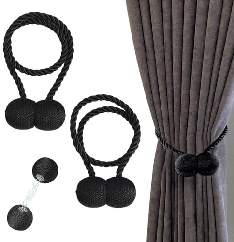 Fermatenda per Tende con Magnete, Fermagli per Tende a Corda, Fermatende Magnetici, 2 Pezzi Fermatenda Magnetici per Tende, Ferma Tende, per Casa, Ufficio, Hotel, Tenda Decorativa, Butyeak, Nero