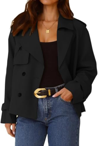 IDEALSANXUN Cropped Trench Coat for Women Spring Fall Trendy Double Breasted Long Sleeve Work Jackets Short Coats