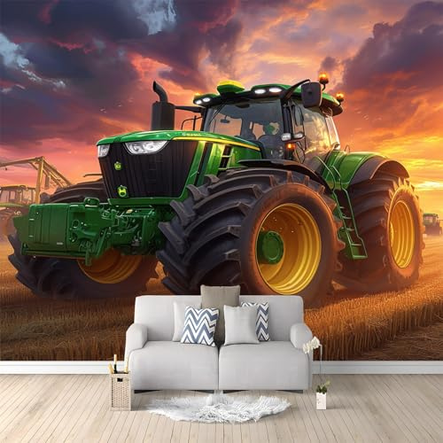 Traktor Im Landhausstil Tapete Wandbild 3D Fototapete Grün Vliestapete Wandtapete Foto für Modernes Design der Fernseh Hintergrund Wand-Kunst-Deko, 200x140 cm