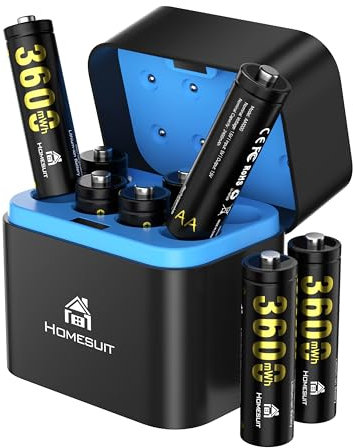 Homesuit Batterien AA 8 Stück 1,5V 3600mWh Wiederaufladbare Lithium Akkus mit Schnelllade Ladegerät für Spielzeug, Digitalkamera, Sport & Outdoor
