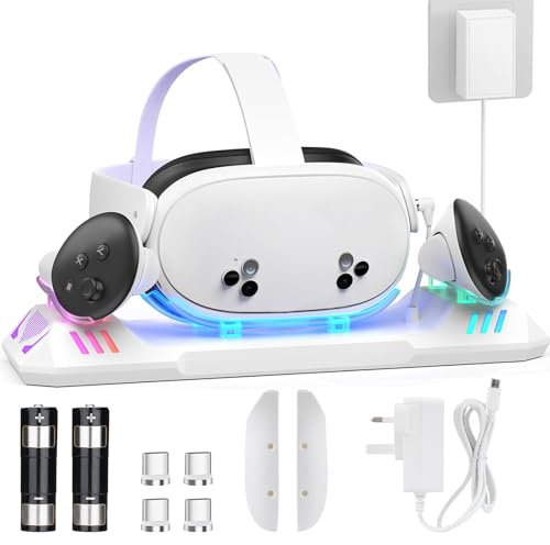 LYtech Charging Dock for Quest 3S/Quest 3, Magnetic Charging Station Stand for Meta Quest 3 Accessories for VR Headset & Controllers, 2 Rechargeable 2100mAh Batteries, 24W USB-C Charger,LED Indicator