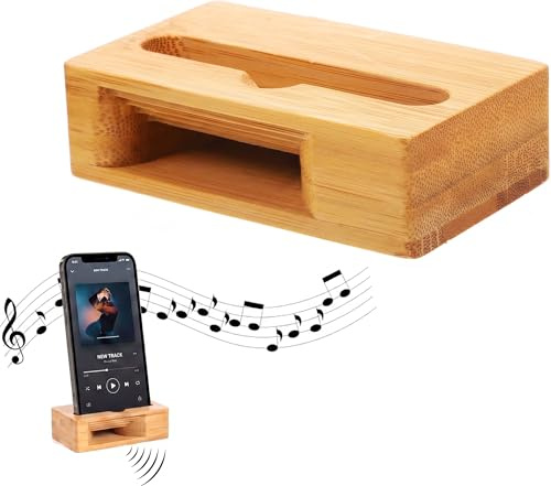 Angoily Bambus Handy Lautsprecher Verstärker - Holz Handyständer Tisch mit Sound - Passiver Klangverstärker ohne Strom - Telefonhalter Holzständer für Schreibtisch Smartphone Dockingstation