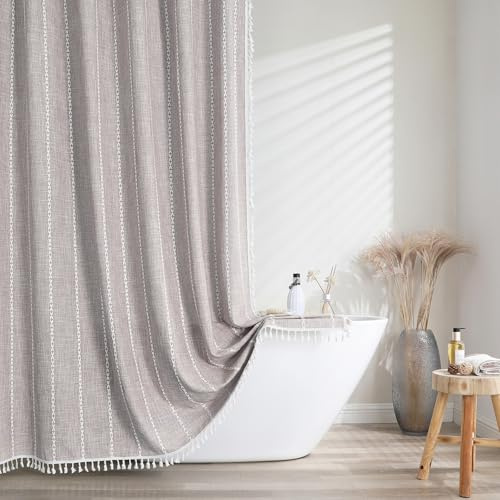 meioro Gestreifter Duschvorhang Boho Bauernhaus Duschvorhänge, Leinen gewebter Stoff Textil Duschvorhang Set mit 12-Haken, Wasserdicht Rustikale Böhmische Duschvorhange für Badezimmer(Grau,183x213cm)