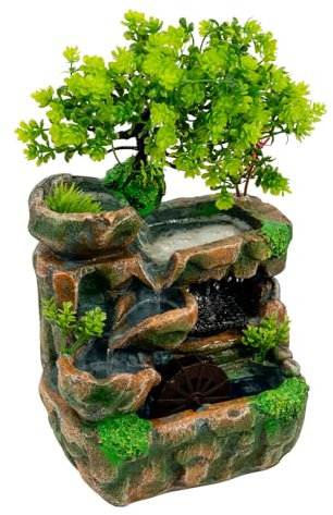 Desktop Tisch Springbrunnen, 18 * 15 * 30cm Zimmerbrunnen Stein Cascades mit LED Beleuchtung und Wasserpumpe, Zen Springbrunnen Innen mit Simulierten Pflanzen