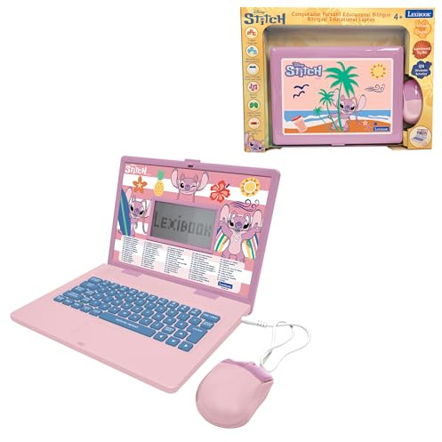 LEXIBOOK, Disney Stitch, Angel, Educational Laptop for Kids, 124 Activities, Bilingual English-Portuguese, Mathematics, Logic, Typing & Music, Realistic Keyboard and Mouse, Sleek Design, JC598D1i4