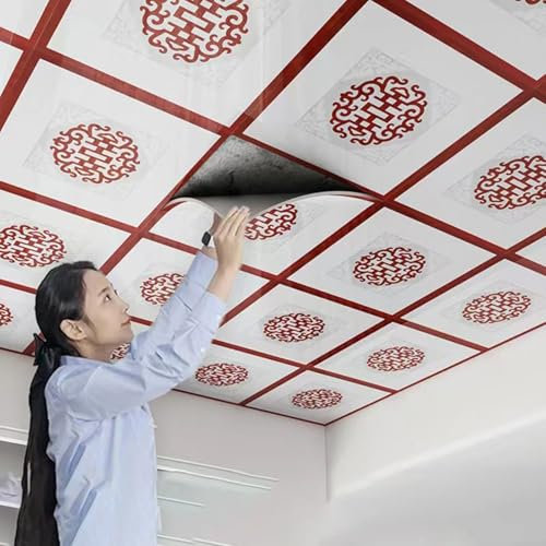 RENLXFI Deckenpaneele Deckenplatten Deckenaufkleber Rot Und Weiß, Große Selbstklebende Tapete, Wasserfest/Abziehen Und Aufkleben, Badezimmer Wandfliesen, Deckenverkleidungsplatten Für Keller(55 Pack)
