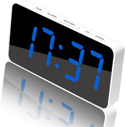 FANSU Réveil Numérique,Reveil Miroir Grand écran Numérique à LED,Horloge Numérique Carga USB,Horloge Digitale avec Double Alarme,Radio Réveil avec Fonction de Gradation (Bleu,15.8x3.6x7.8cm)