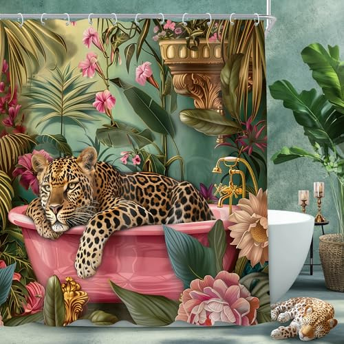 Cinbloo Leopard 72Wx72H Shower Curtain Hot Pink Cheetah Wildlife in Bathtub Vintage Jungle Animal Tropical Boho Peony Bathroom Curtain Set Modern Retro Leaves Plant Bath Bathroom Accessories Decor