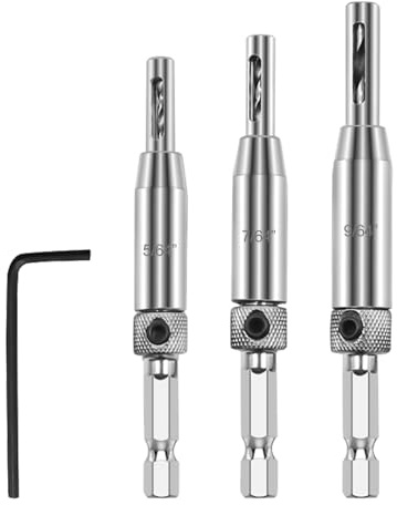 3pcs Self Centering Drill Bit Set, Hinge Pilot Hole Drill Bit, 1/4 Hex Shank, Steel Pilot Bits with Wrench, 5/64 7/64 9/64 Precision Guide Bits for Cabinet Door Window Hardware Installation