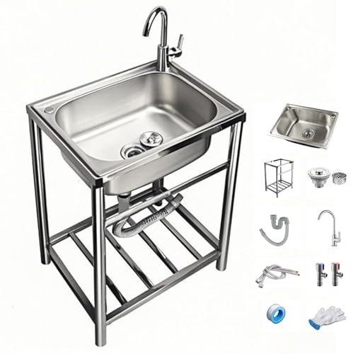 Lavello In Acciaio Inox Autoportante 1 Vasca, Lavandino Commerciale Con Rubinetto, Lavello Da Cucina Professionale Per Cucina, Ristorante, Bar, Caffè, Garage, Interno E Esterno(C,61x46x80cm/24x18x31in