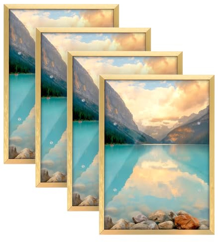 VIDETOL 4 Stück Aluminium Bilderrahmen A4, Aluminium A4 Fotorahmen, Metall Rahmen, Picture Frame Gold für Bildergalerie, Fotocollage und Poster