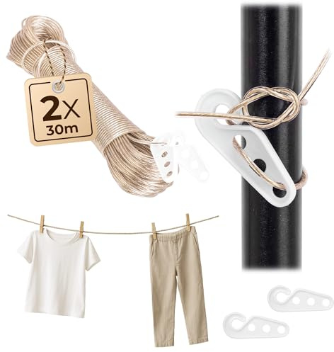 KADAX 2 cuerdas de tendedero de 30 m, 2 mm, con núcleo de acero y revestimiento de plástico, resistente a la intemperie para balcón, jardín y camping, correa extra fuerte