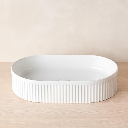 exagonshop Lavabo 50x32 Roma cannettato ovale da appoggio bianco lucido