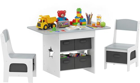 AIYAPLAY Table Enfant avec Chaise, Ensemble Table et 2 chaises Enfant pour Dessiner, Jouer, étudier avec 6 tiroirs Amovibles, pour Fille garçon 3-8 Ans, Gris Clair