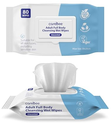 Carebee Premium Full Body Cleansing Wet Wipes for Adults - Fragrance-Free, Plastic-Free, Plant-Based Body Wipes, Dermatologically Tested, Biodegradable & Vegan, 1 Pack (80 Wipes)