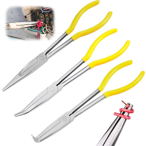 Ranjima 3-delat set med spetstång, 280 mm extra lång, rak 0°/böjd 45°/90° böjd spetstång med tandad käke, långnästång set för trånga utrymmen och svåråtkomliga områden, gul