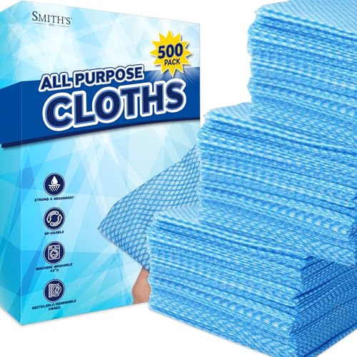 500pk All Purpose Cloths by Smith’s® | 31x21cm | Blue Disposable Cleaning J Cloths | Absorbent, Gentle & Reusable | For Household & Professional Cleaning, Polishing, Dusting, Washing Dishes