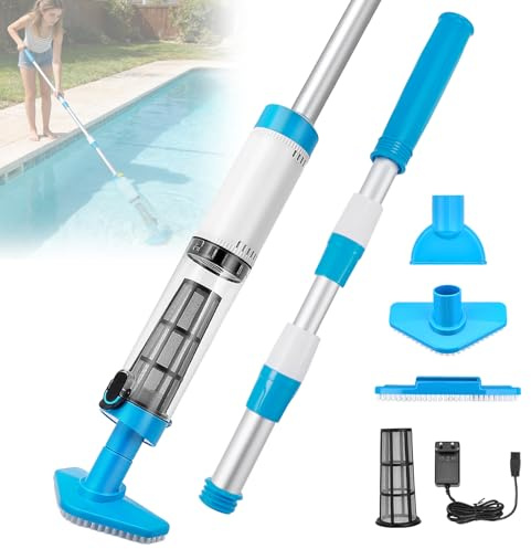 Poolsauger, 3-in-1 Wiederaufladbarer Poolsauger Akku Handsauger mit Starker Saugkraft, Akku Pool Sauger mit Teleskopstange 103.5–162.5 cm, Automatischem Sensor, 3 Bürstenköpfen für Spas Pools