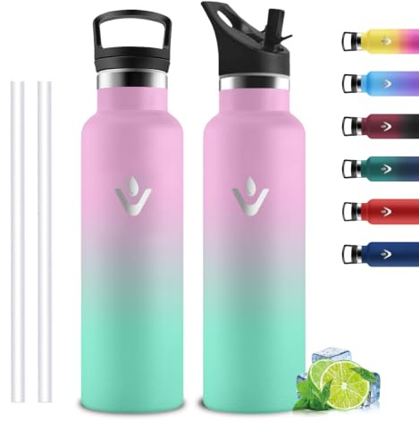 Botella Agua Acero Inoxidable 750ml, Botellas Agua Gimnasio, A Prueba de Fugas, Botella Termica con Pajita, con 2 Tapones, Cantimplora Termica sin BPA para Senderismo, Deporte, Oficina