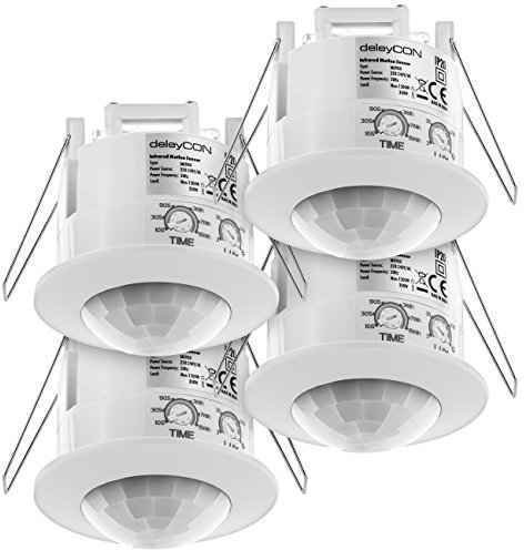 deleyCON 4x Infrarossi Rilevatore di Movimento Incassato Montaggio a Soffitto Interiore Controllo Della Luce Area di Lavoro a 360° Portata 6m Sensore di Luce Integrato Bianco