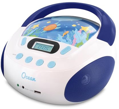 MOOOV 477170 Lecteur CD Enfant Ocean MP3 et Port USB - AUX-in - Prise Casque - Poste Portable avec Poignée de Transport - Alimentation Secteur ou Piles - Bleu et Blanc