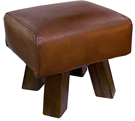 LEBENSwohnART Leder Hocker Maxi-S Cognac ca. L40cm Teak Echtleder Lederbank Sitzbank Turnbock