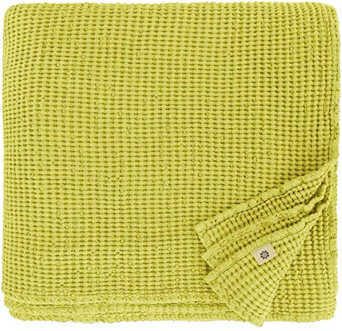 Linen & Cotton Plaid Decke Sommer Tagesdecke Waffelpique Enzo - 48% Leinen, 52% Baumwolle, Gelb (150 x 210 cm) Leinendecke Baumwolldecke Wohndecke Blanket Waffel Überwurf Bett Bettwäsche Bettüberwurf