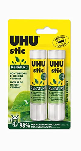 UHU stic ReNature 2x21g Naturkleber mit Tube aus Biokunststoff, kindersicherer Bastelkleber, geeignet für Schule, Büro, Uni