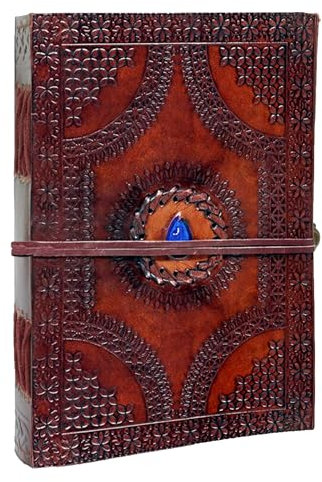 HG-LTHR 25 cm Libreta Notas Cuaderno Hojas Diario Album Hecho a Mano con Cubierta de Cuero y Piedra Cristal Azul grimoire book of Shadows spell book blank journal celta