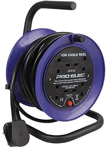 PRO ELEC PEL01273 4-Gang Mini Cable Reel Mains Extension, 10m,Black/Blue