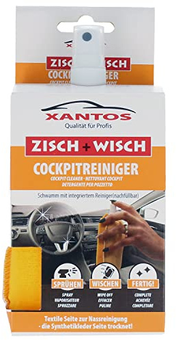 XANTOS Cockpit Care Car – Hiss and Wipe All-in-One Duo Sponge Including 40 ml Spray Bottle Small with Cockpit Cleaner for Car, Motorhome or Caravan – Car Care for in Between