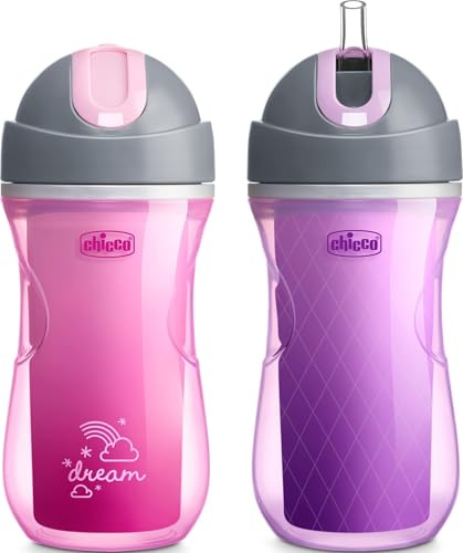 Chicco Tazza termica a doppia parete con cannuccia in silicone e coperchio antigoccia, 255 ml, lavabile in lavastoviglie, facile da tenere con rientranze ergonomiche, rosa sogno/viola, 2 pezzi, 12+