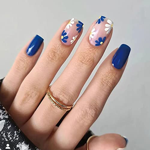 Ceboic 24 Stück Viereckig Kurz Press on Nails, Blaue Weiße Französischer Tipp Künstliche Nägel, Blumen Design Wiederverwendbare Kunstnägel Acryl Fingernägel Zum Aufkleben mit Klebesticker