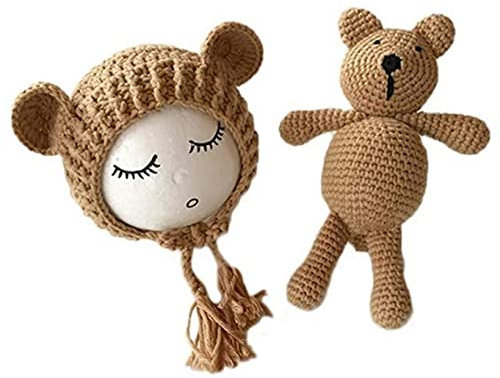 0-2 Monate gestrickte Wolle Winter Unisex Babymützen Neugeborenes Baby Bärenmütze Set Mädchen Jungen Fotografie Häkeln Strickkostüm-Braun,Einheitsgröße