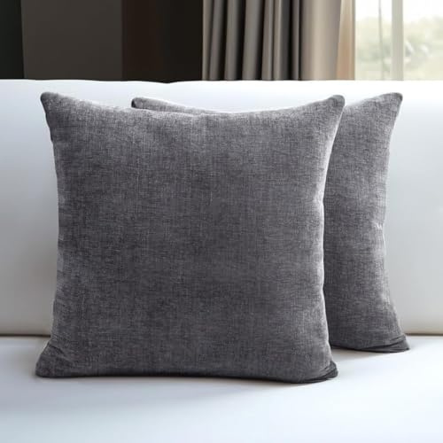 Encasa XO Chenille Kissenbezug, Sofa, ohne Füllung 45x45 cm | Grau, 100% Polyester | Versteckter Reißverschluss | Dekokissen & Zierkissen | Weich & Langlebig | 2er Set