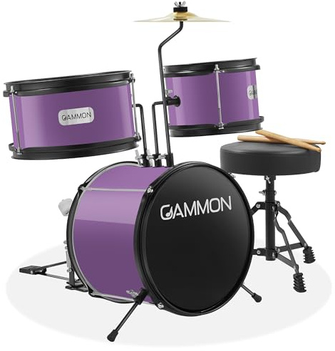 Gammon Percussion Juego de batería junior de 3 piezas con trono, morado, kit completo para principiantes con bombo, toms, platillo, pedal y baquetas