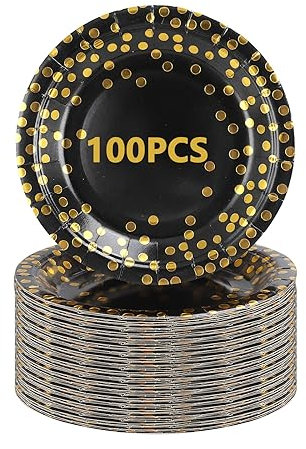 SHUESS 100 Pcs Black and Gold Paper Plates - 7 Inch Black Paper Plates Round with Gold Foil Dots - Disposable Party Tableware Party Supplies for Parties, Birthday, Festival, Baby Shower, Graduation