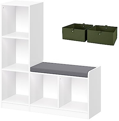 RiverRidge Kids Toy Storage Organizer Bench with 5 Cubby Spots, 2 Olive Fabric Bins & Cushioned Seat for Book Nook Playroom Storage